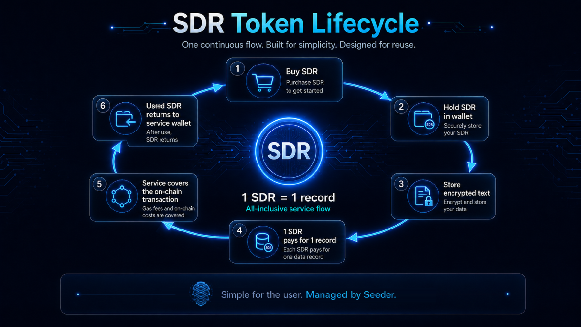 Lifecycle showing how SDR is purchased, used for one encrypted record and returned to the Seeder service wallet