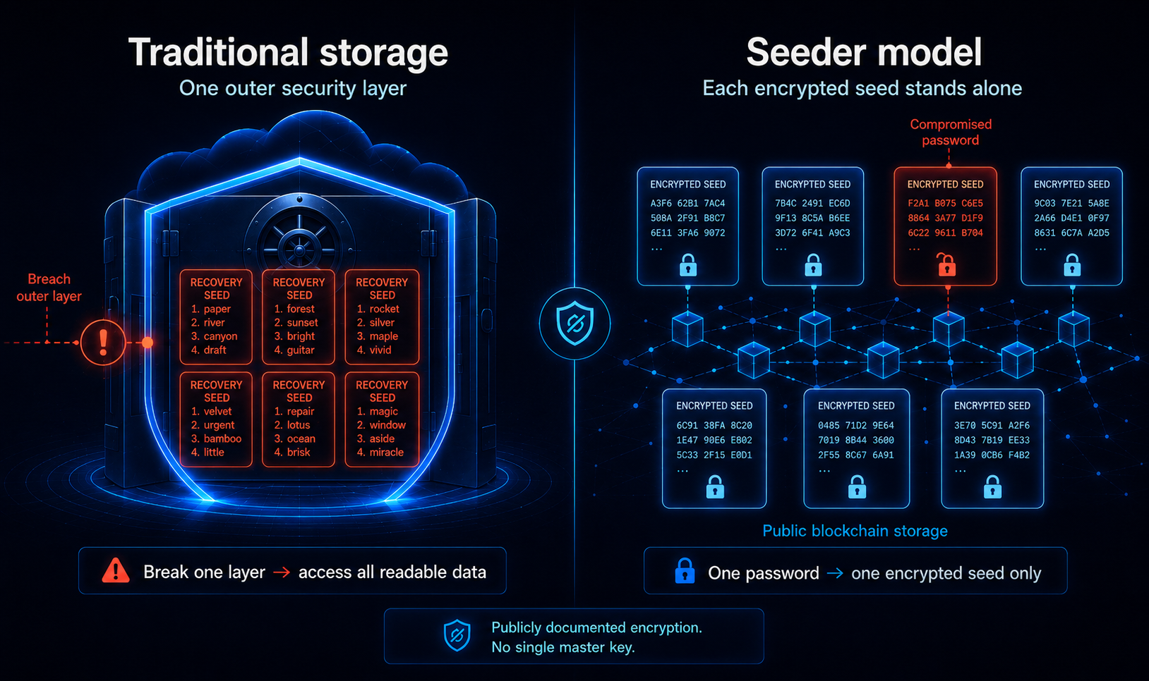 Traditional storage versus Seeder security model