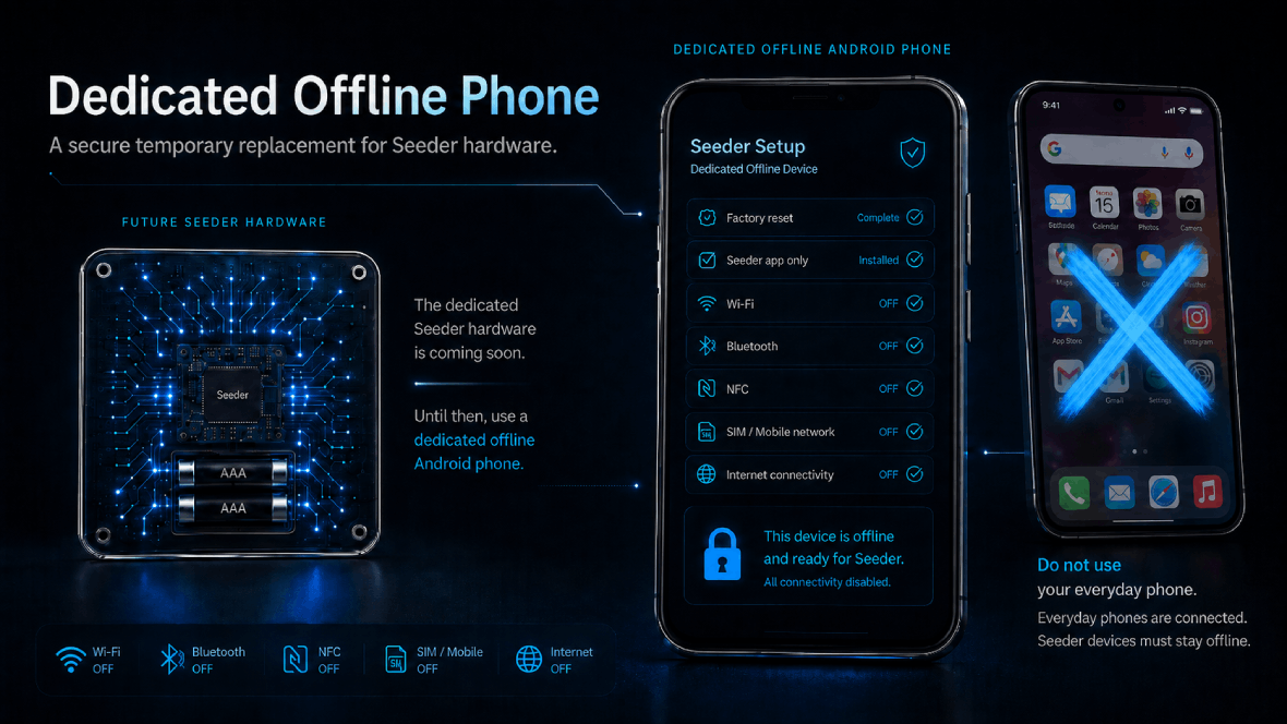 Dedicated offline Android phone configured for Seeder compared with the future Seeder hardware and an everyday connected phone